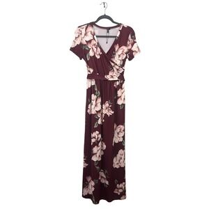 Burgundy Floral Maxi Wrap Dress Womens‎ Small V-Neck Short Sleeves